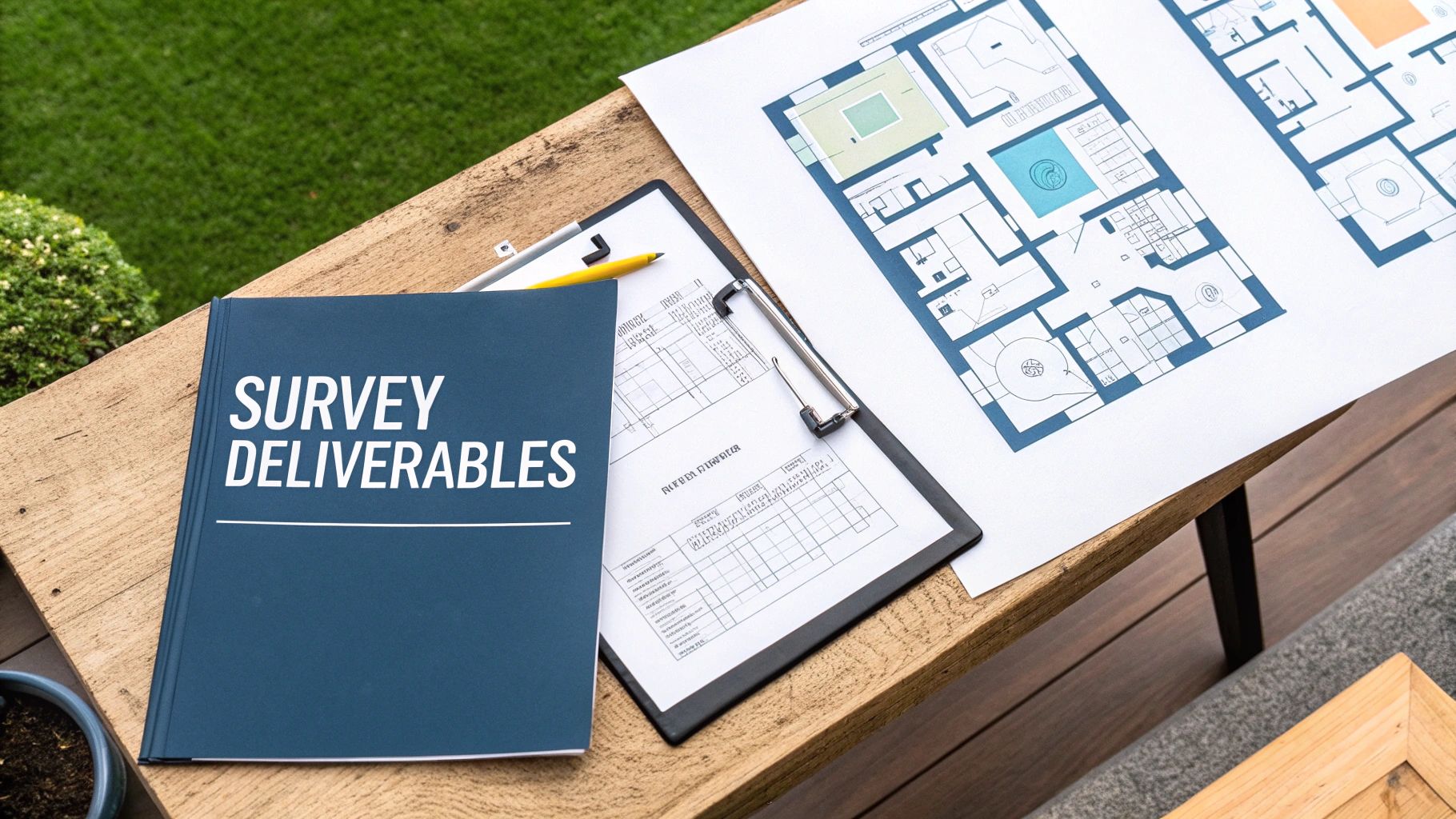 A dark blue binder labeled 'SURVEY DELIVERABLES' next to architectural plans and a clipboard on a wooden table.