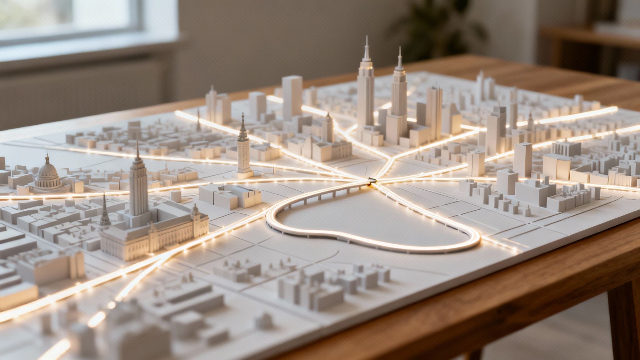 A detailed white 3D city model with glowing orange lines representing a complex network on a wooden table.
