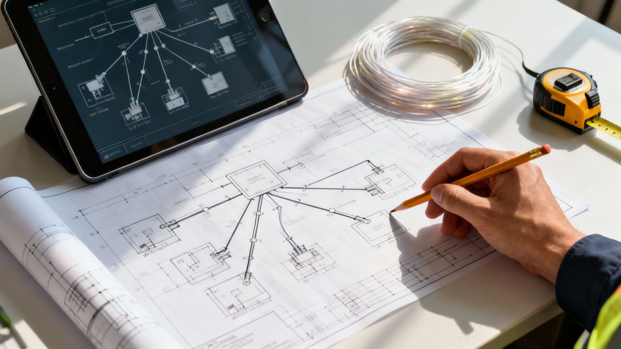 Engineer drawing network infrastructure blueprint with a pencil, tablet, wire, and measuring tape on a desk.
