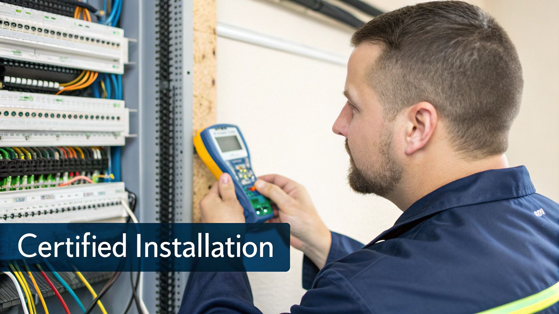 A technician using a testing device on an electrical panel with numerous wires and terminals.