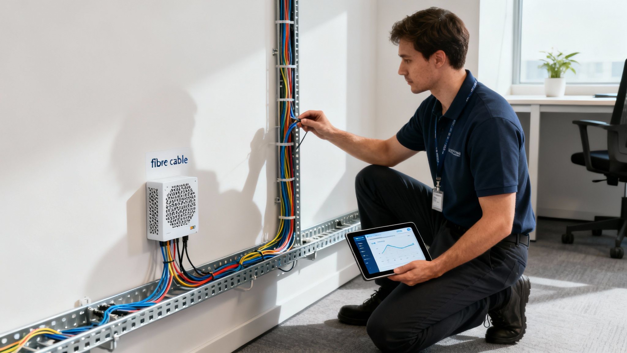 Engineer managing fibre cable infrastructure, checking network performance on a tablet.
