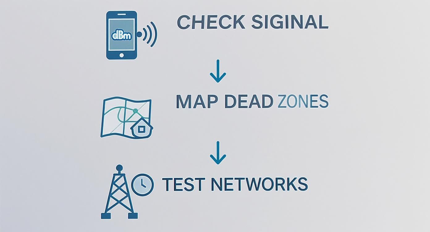 A decision tree infographic outlining the steps to diagnose a bad mobile signal, starting with checking the signal in dBm, then mapping dead zones, and finally testing different networks.
