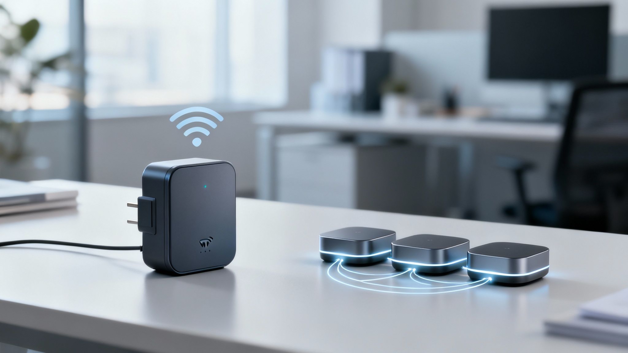 Mesh WiFi system with three nodes and wireless router demonstrating home network connectivity