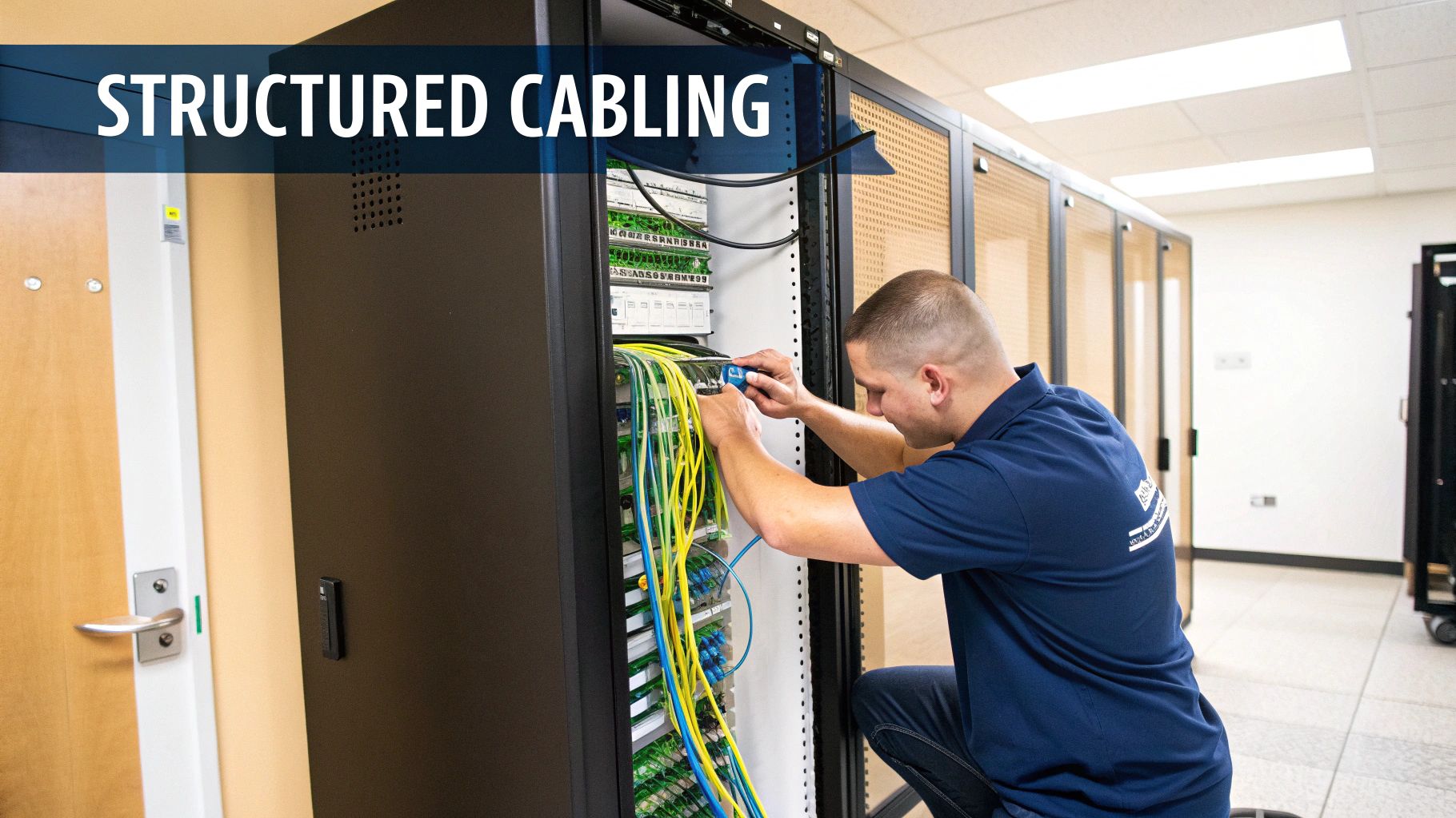 A technician installs and manages network cables in a structured cabling system within a server room.