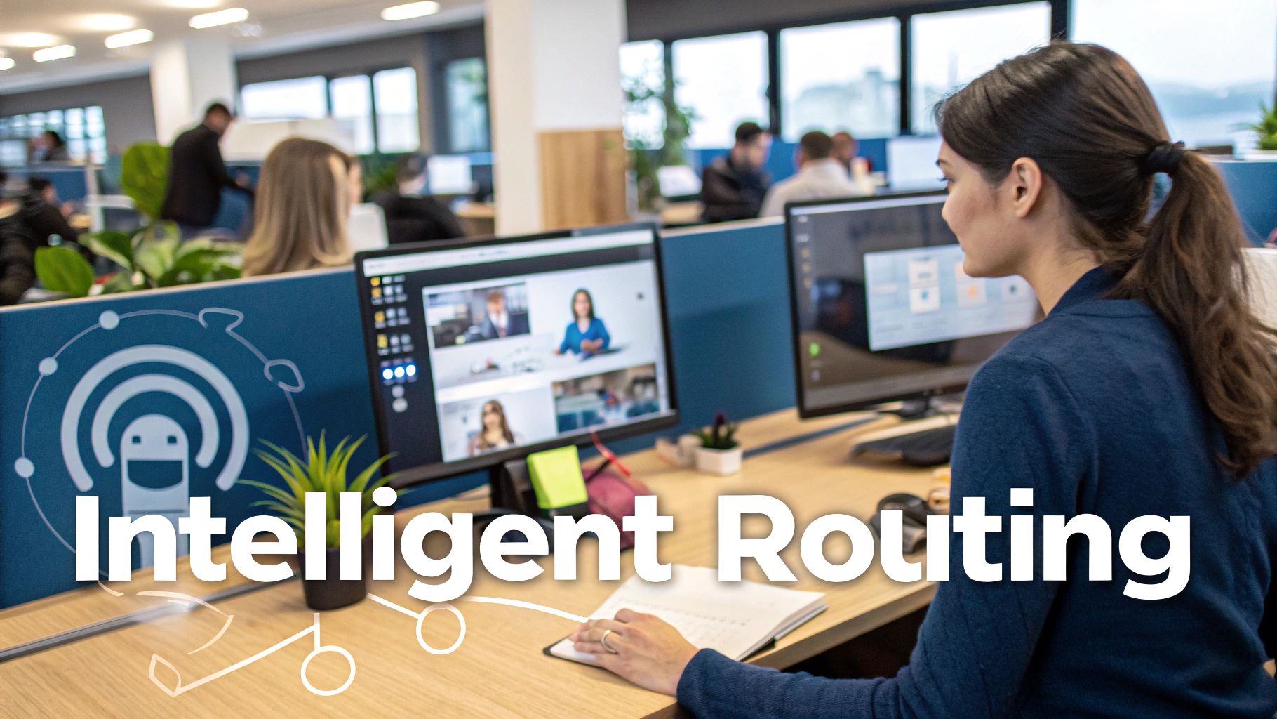 Woman in an open office using dual monitors for video conferencing, with 'Intelligent Routing' text overlay.