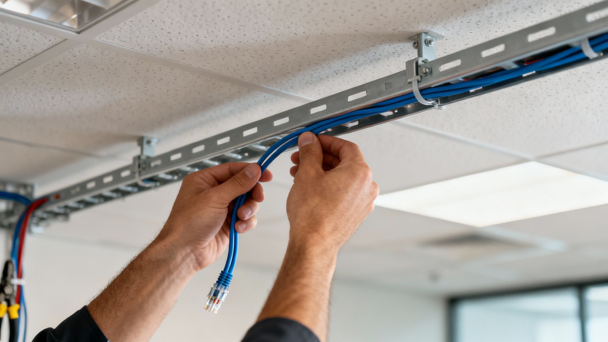 A network technician carefully terminating a bundle of Cat 6 cables into a patch panel in a server rack.