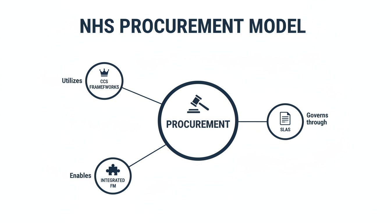 Diagram illustrating the NHS Procurement Model, showing utilization of CCS frameworks, enabling integrated FM, and governing through SLAs.