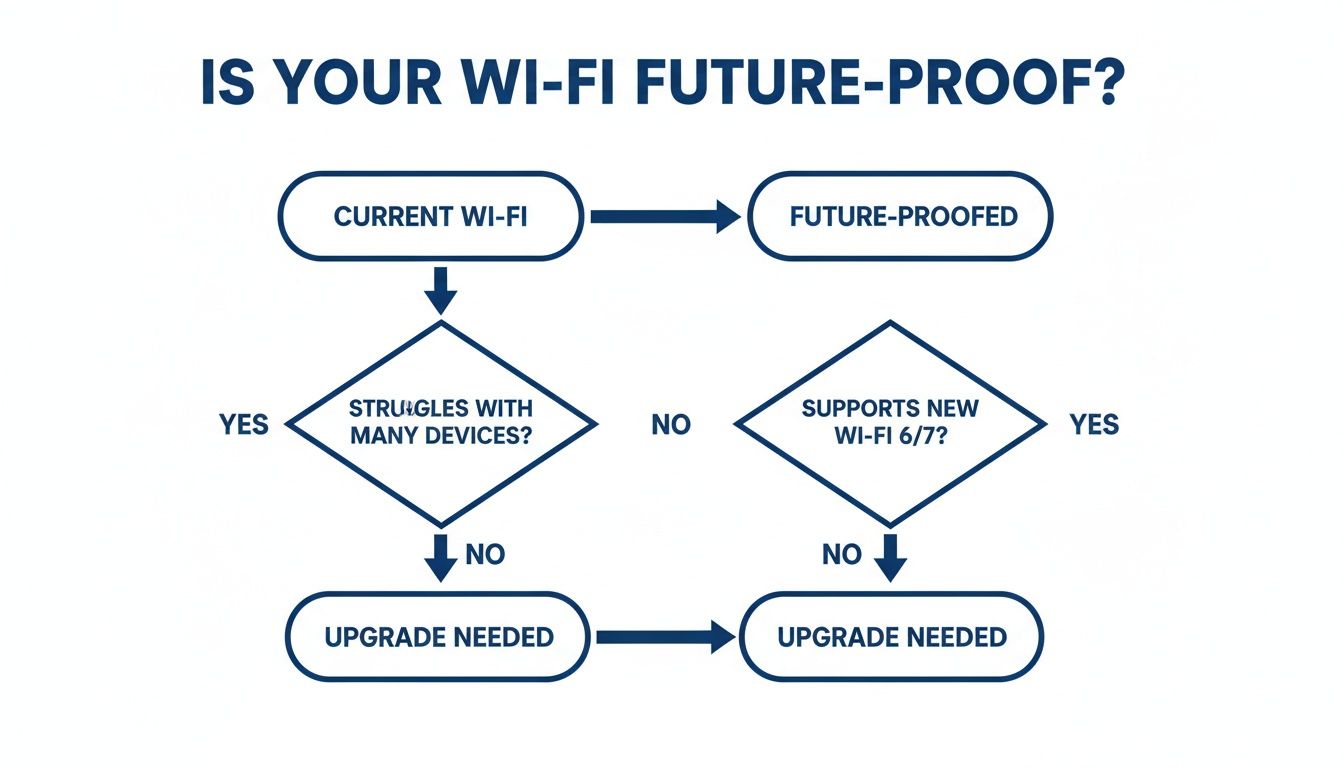 A flowchart titled 'Is Your Wi-Fi Future-Proof?' guiding users to check their Wi-Fi for future readiness.
