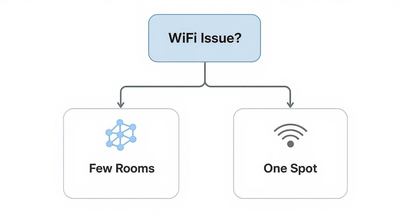 WiFi troubleshooting flowchart showing decision between mesh network for multiple rooms versus single access point