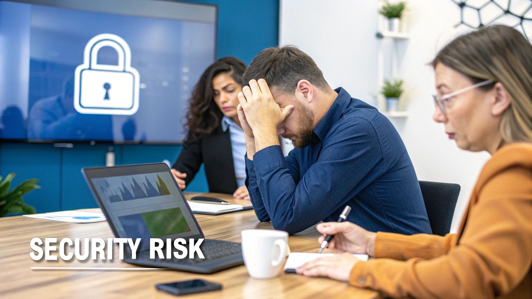 Three stressed colleagues in a meeting room, facing a security risk displayed on a screen.