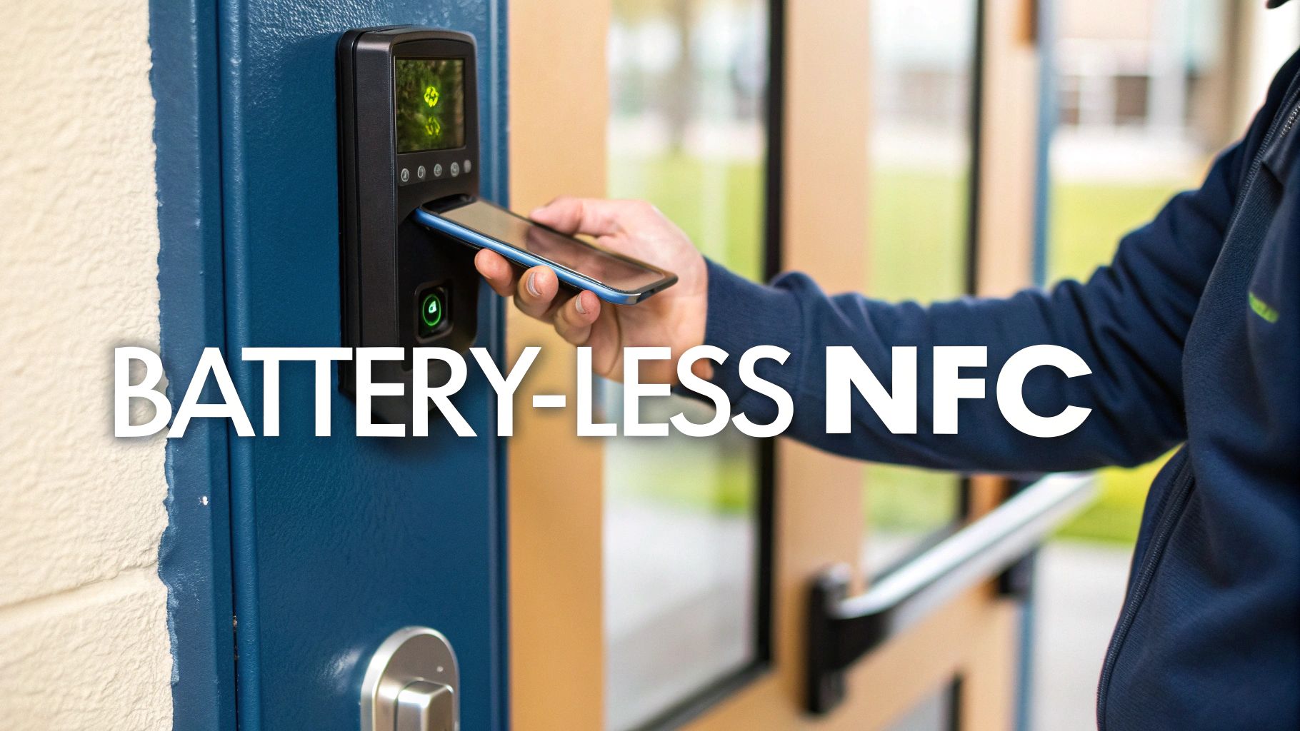 A person uses a smartphone for battery-less NFC access at a secure door entry system.
