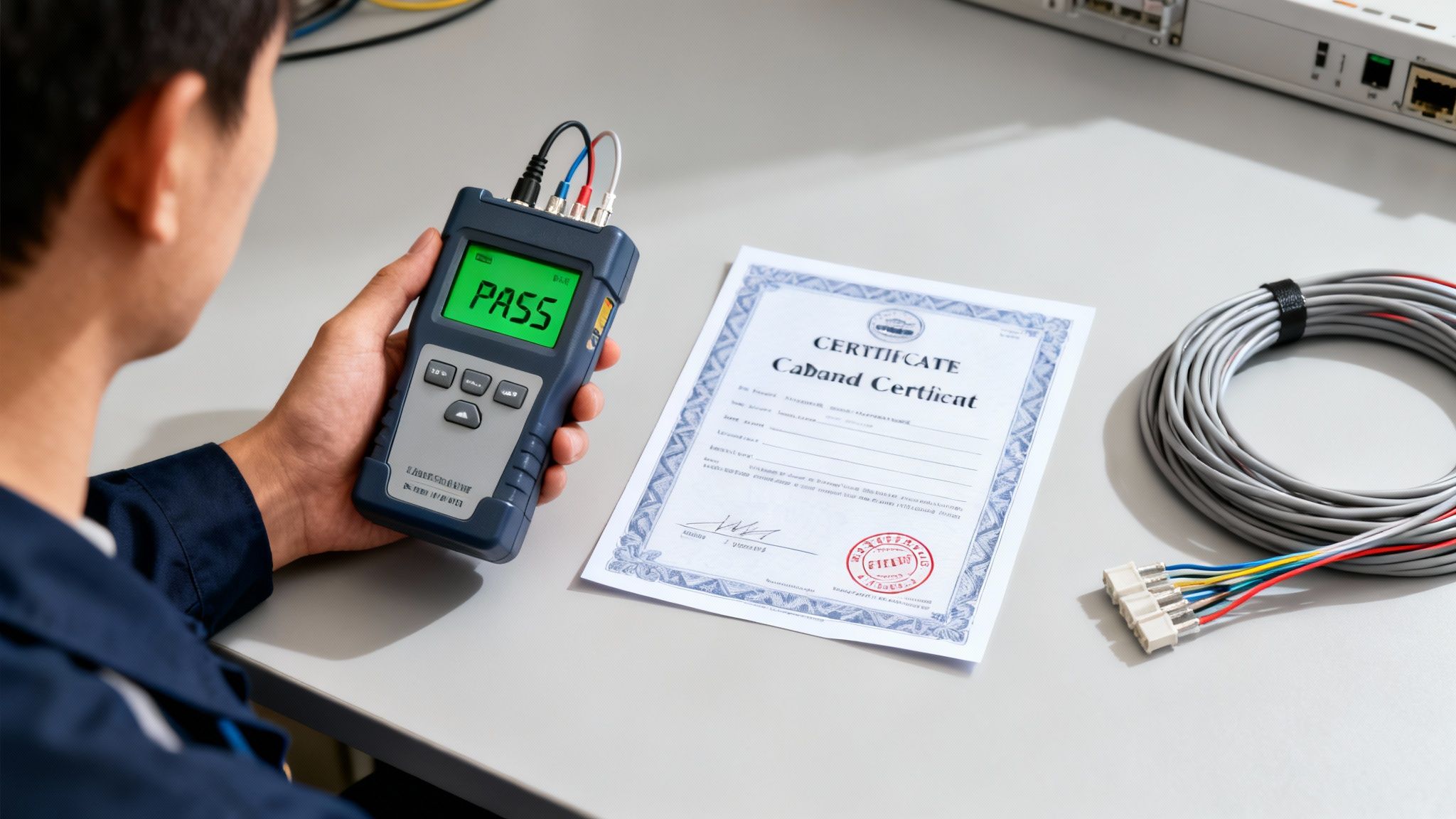 A person holds a cable tester displaying 'PASS' next to a certificate and coiled cables, indicating successful data cabling installation.