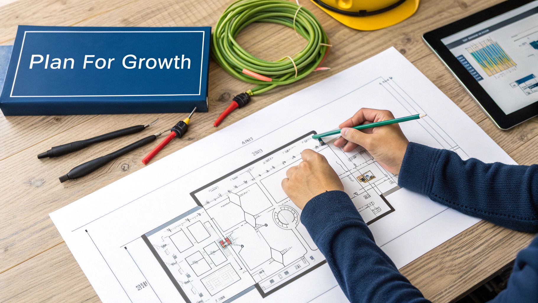 A person designs plans on a desk next to a "Plan For Growth" box, fibre cables, and a tablet.