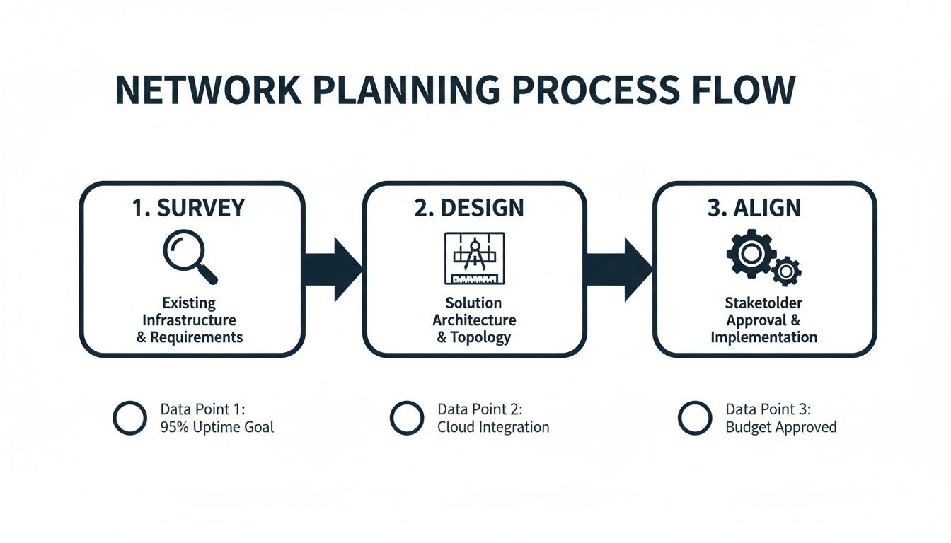 A three-step network planning process flow diagram: Survey, Design, and Align, with key data points.
