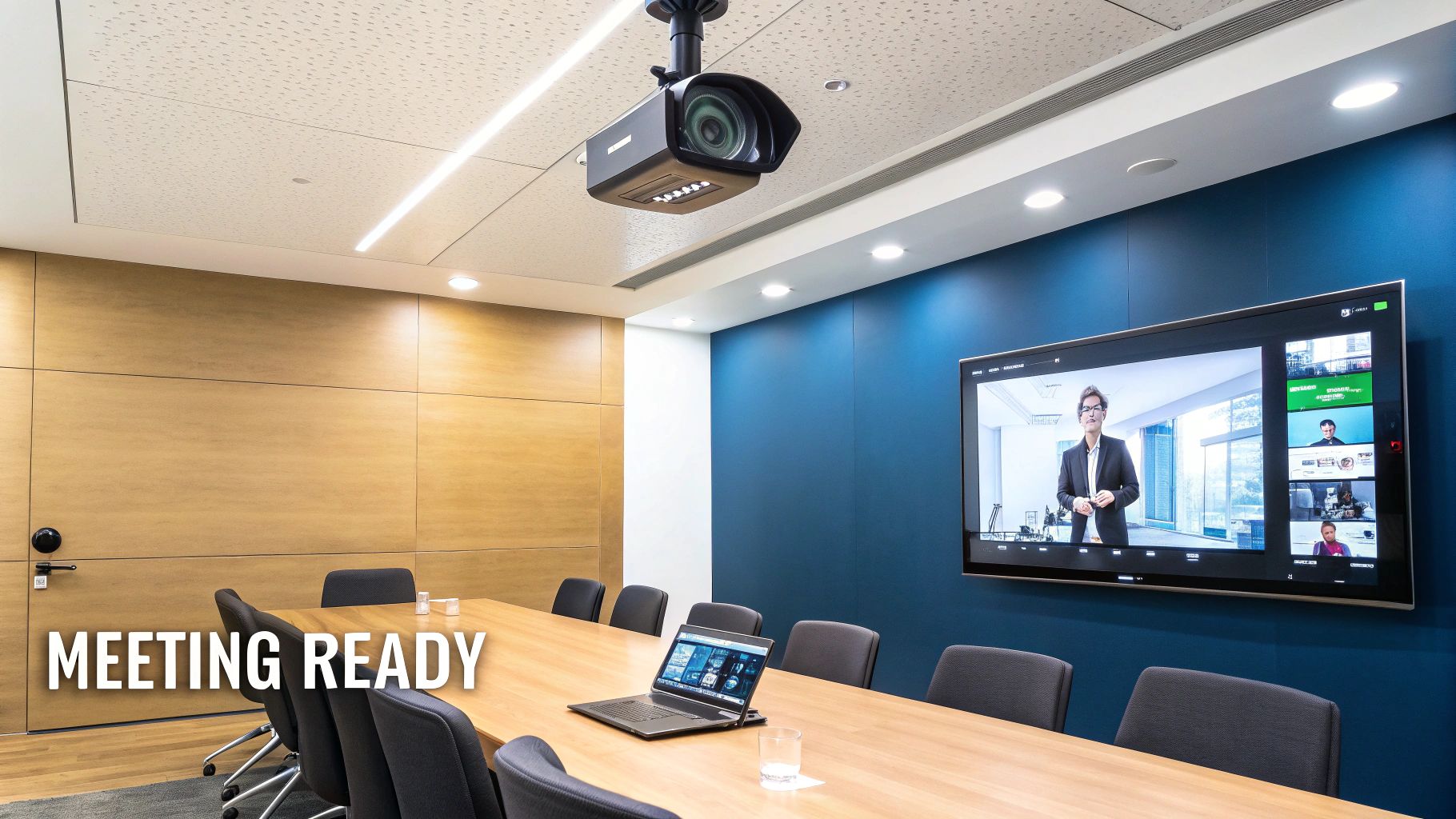 Modern meeting room with a large screen displaying a video conference, a laptop, and a camera.