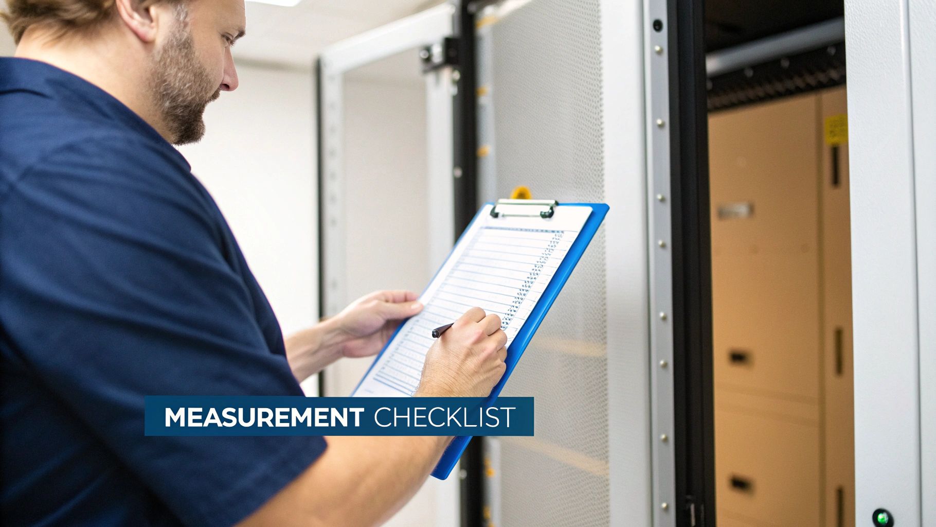 A man in a blue shirt writes on a measurement checklist clipboard inside a server room.