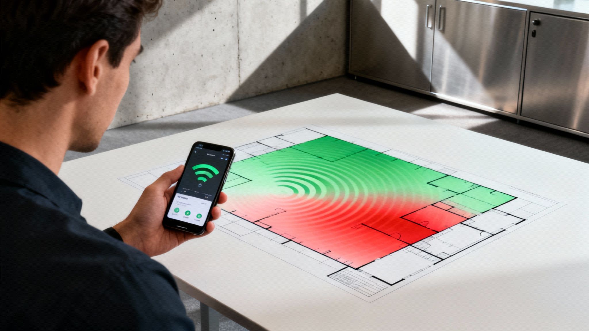 A person holds a smartphone showing strong Wi-Fi signal, overlaid on a floor plan with signal coverage.