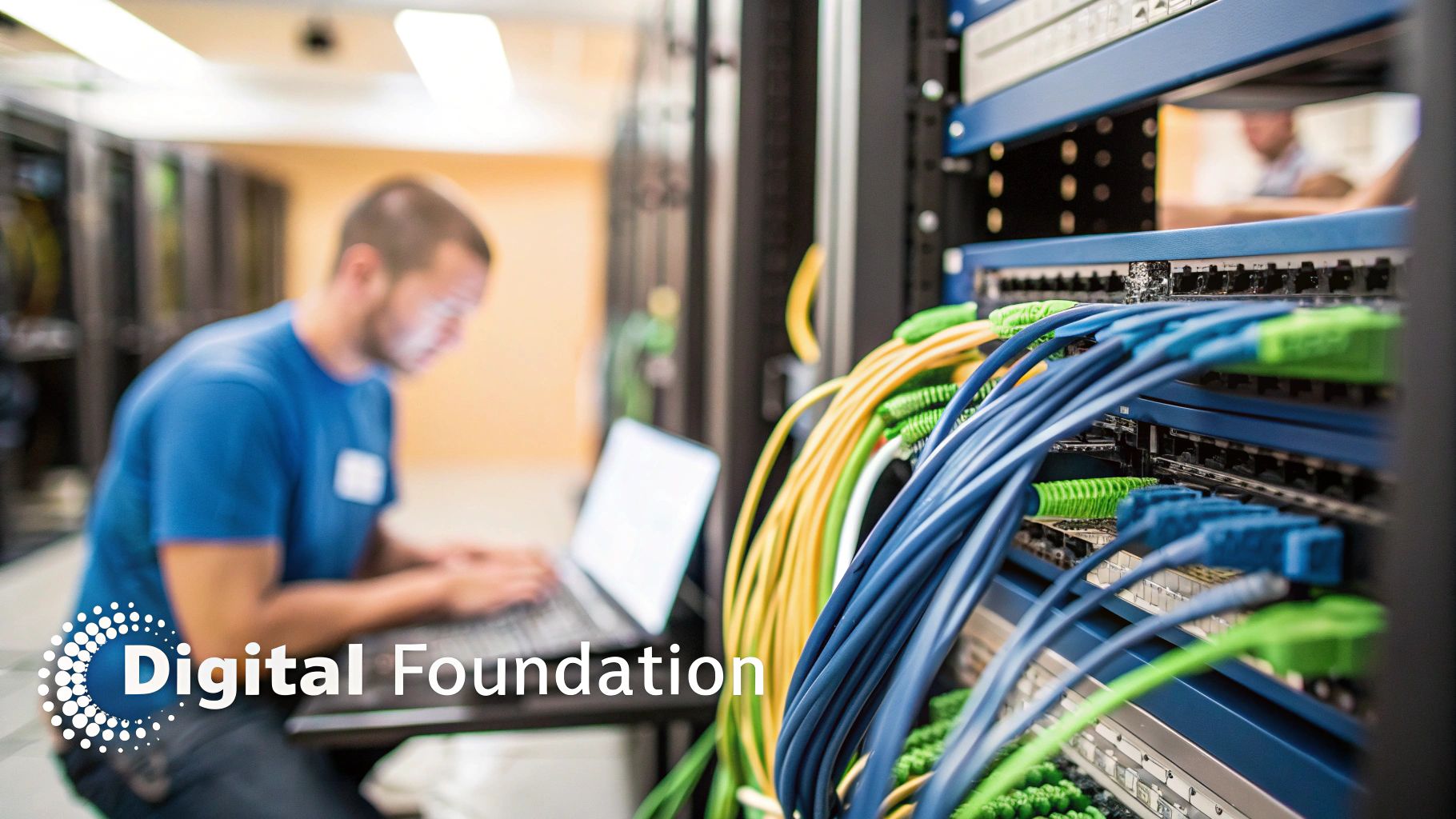 Technician working on a laptop in a server room, surrounded by colorful network cables.
