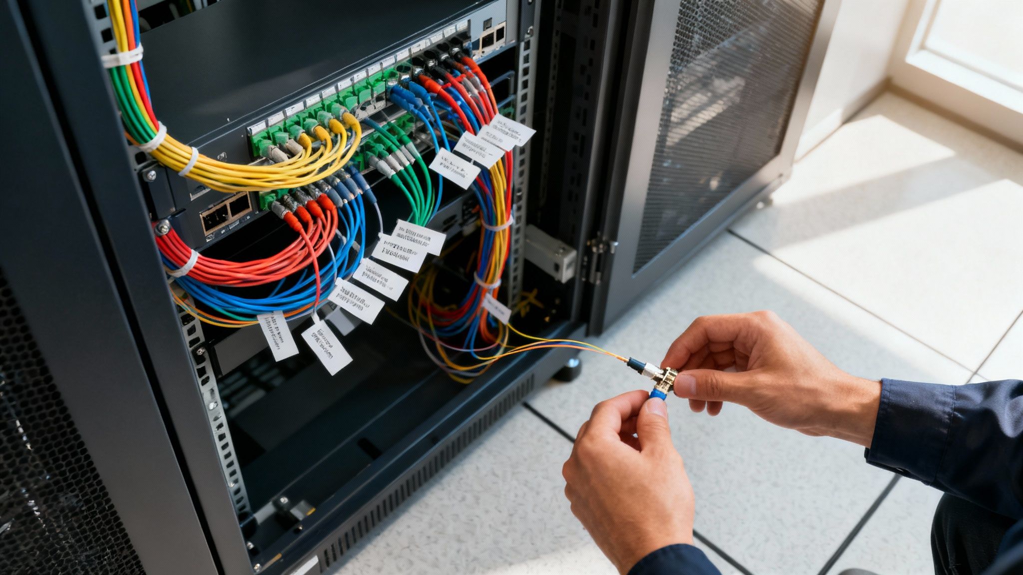 Network technician connecting fiber optic cable to server rack during office infrastructure setup