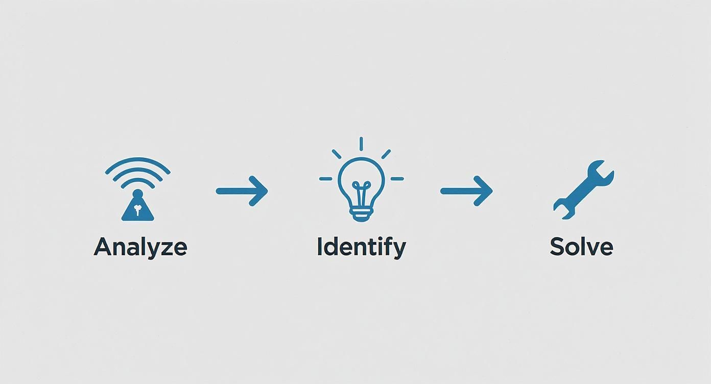 A visual process diagram illustrating analyze, identify, and solve steps with icons: Wi-Fi signal, lightbulb, and wrench.