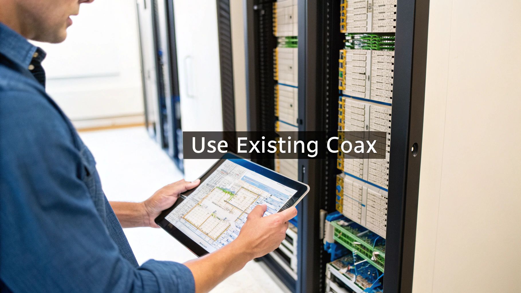 Technician reviewing a network diagram on a tablet in a data center with server racks.