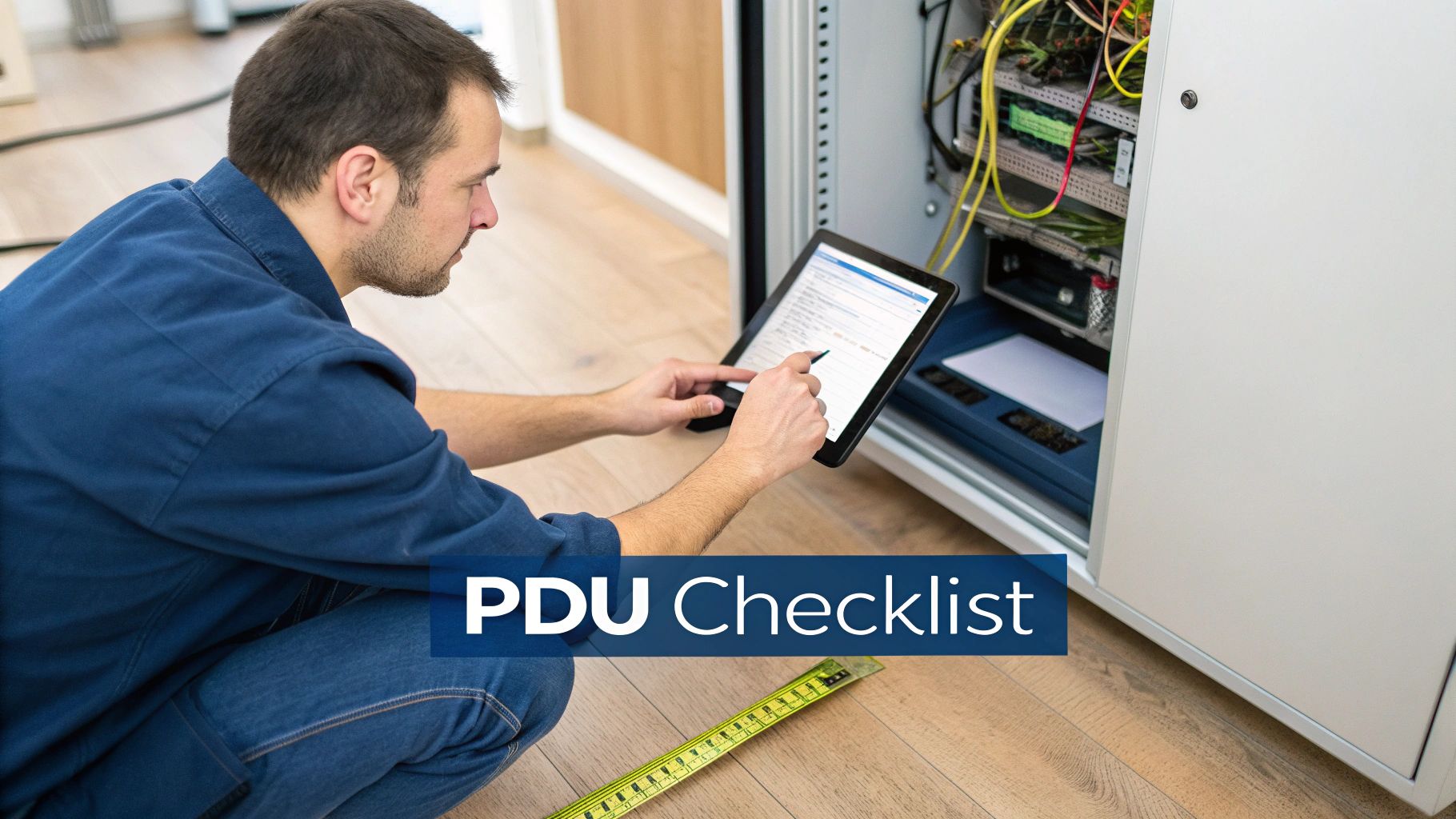 Technician verifying a PDU checklist on a tablet in front of an open server cabinet.