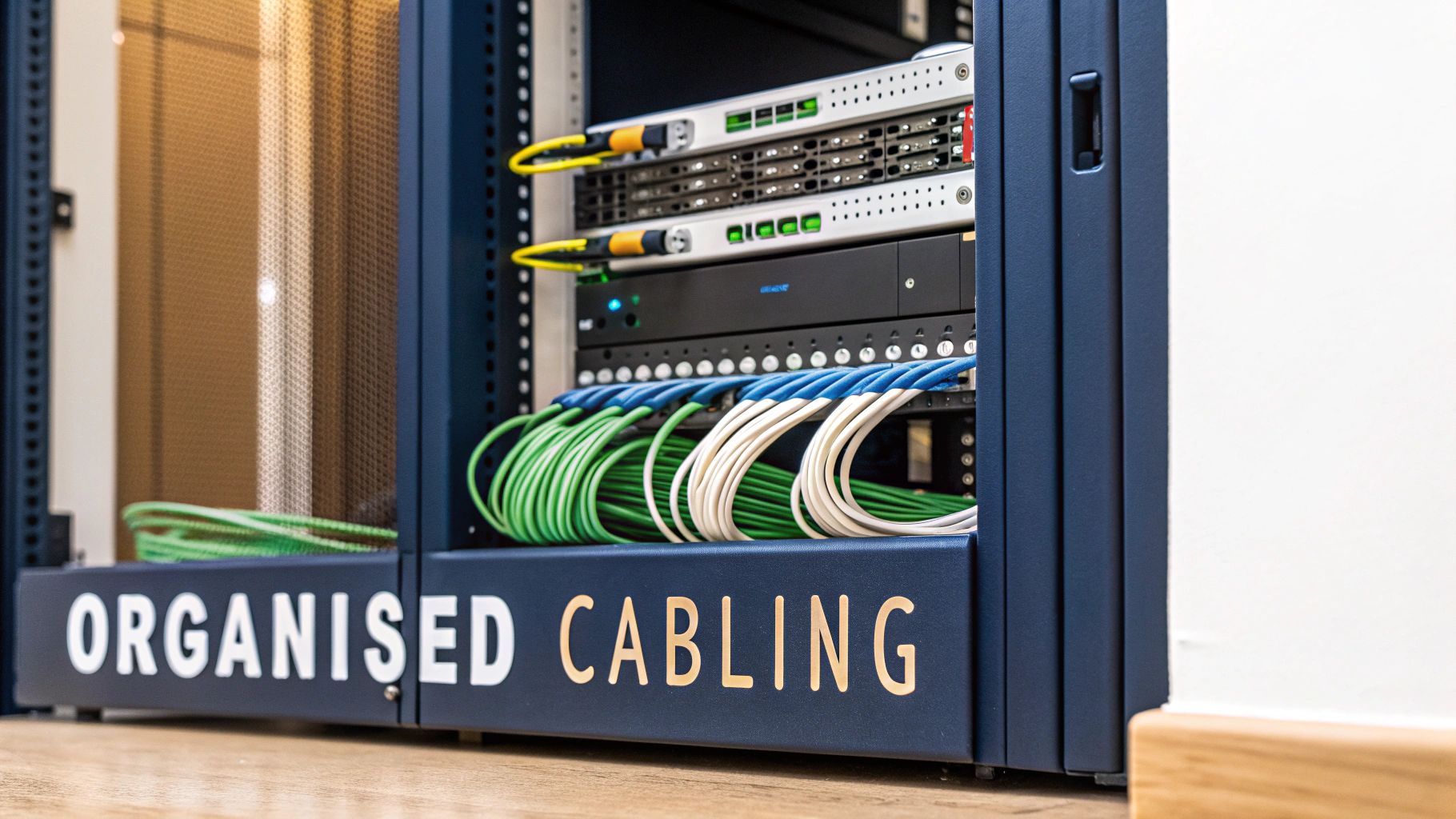 A server rack with neatly organized green, white, and blue network cables, illustrating efficient cabling.