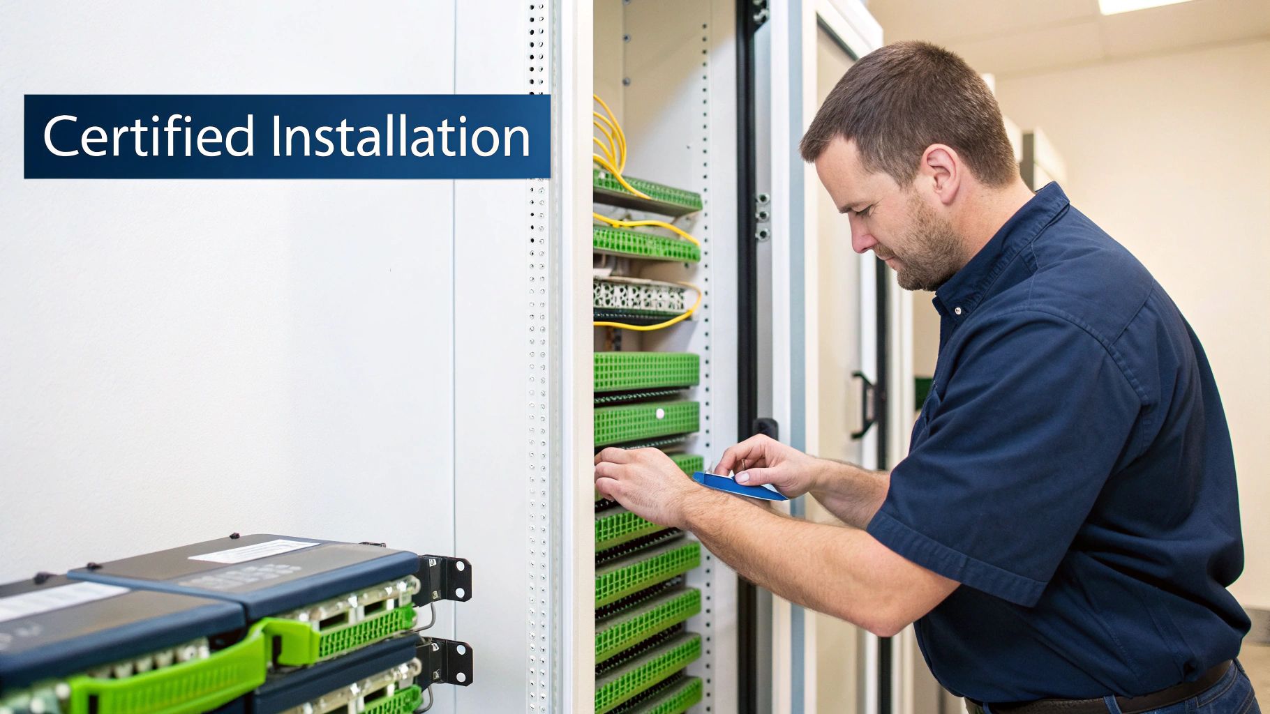 A network technician performs a certified installation of wired network equipment in a server rack.