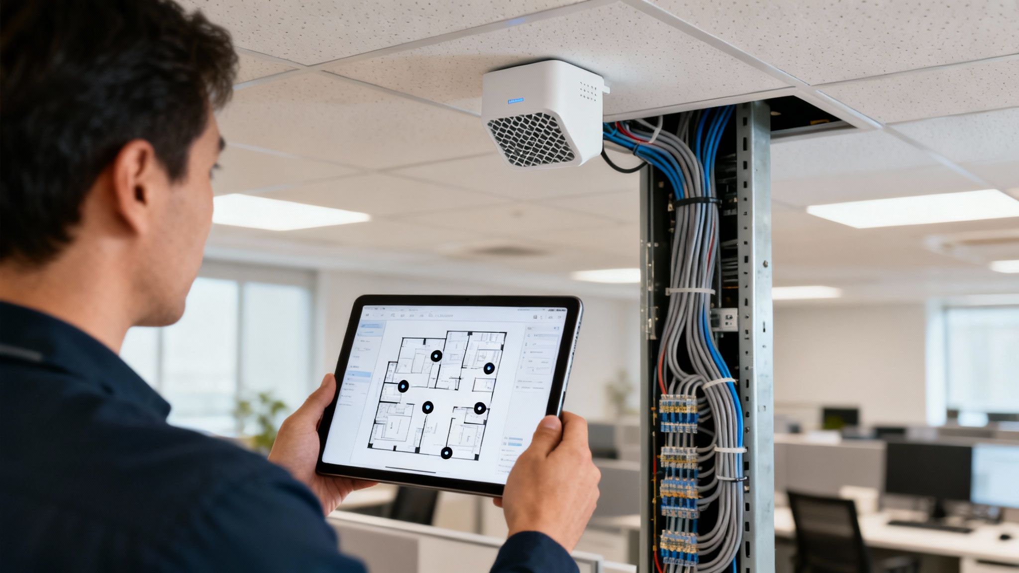 A person holds a tablet with a floor plan, observing a ceiling-mounted device and network cables.