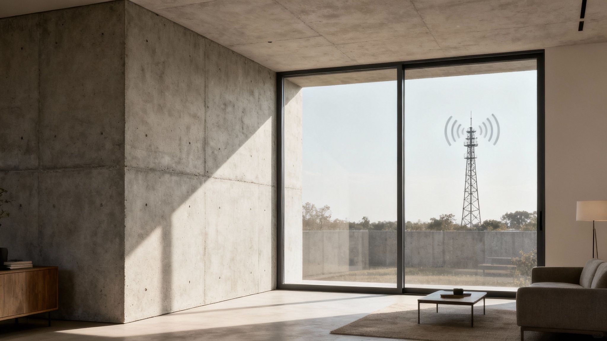 A modern living room with a smartphone showing a weak signal icon.