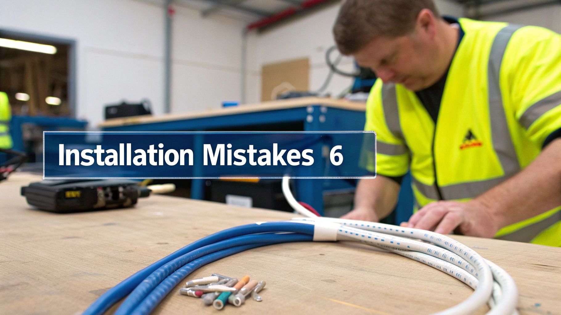 Worker in high-vis vest examining cables and connectors on a workbench, with text 'Installation Mistakes 6'.