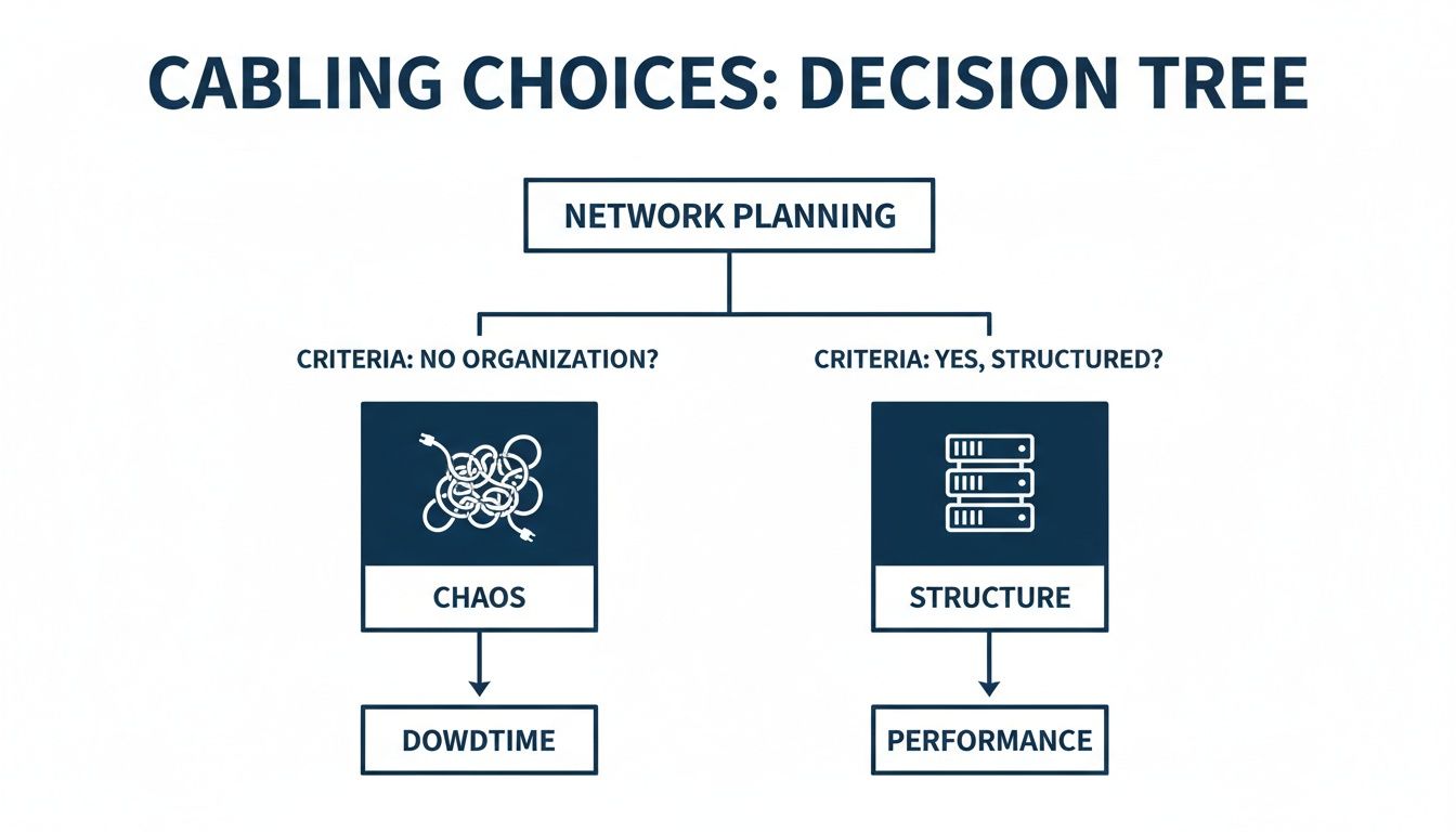 Decision tree illustrating the impact of organized versus unorganized network cabling on system performance.