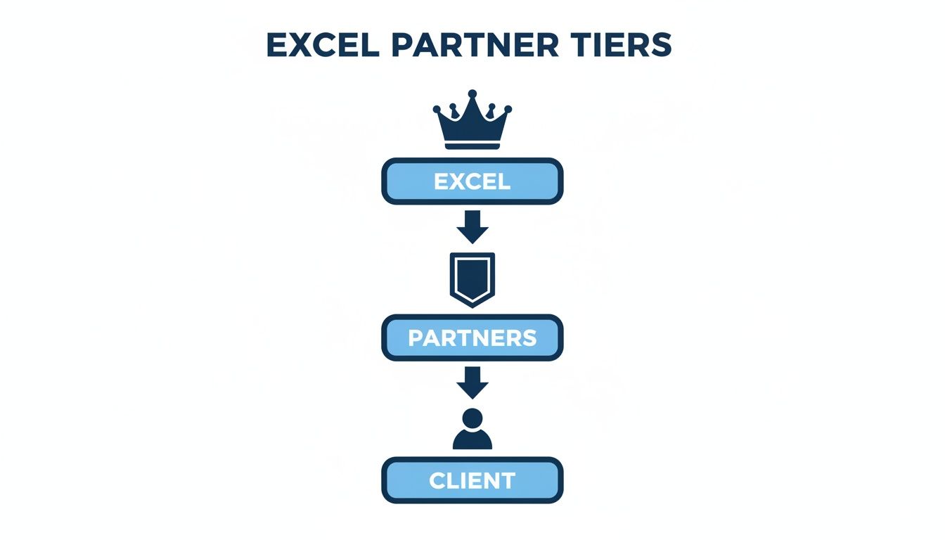 Flowchart illustrating Excel Partner Tiers, detailing the progression from Excel to Partners and then to Clients.