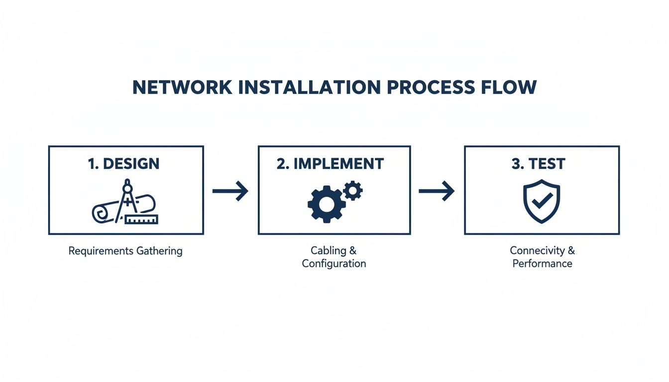 Flowchart showing the network installation process with three steps: Design, Implement, and Test.