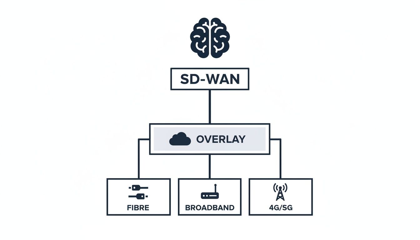 Diagram showing SD-WAN intelligence controlling an overlay network over fibre, broadband, and 4G/5G connections.