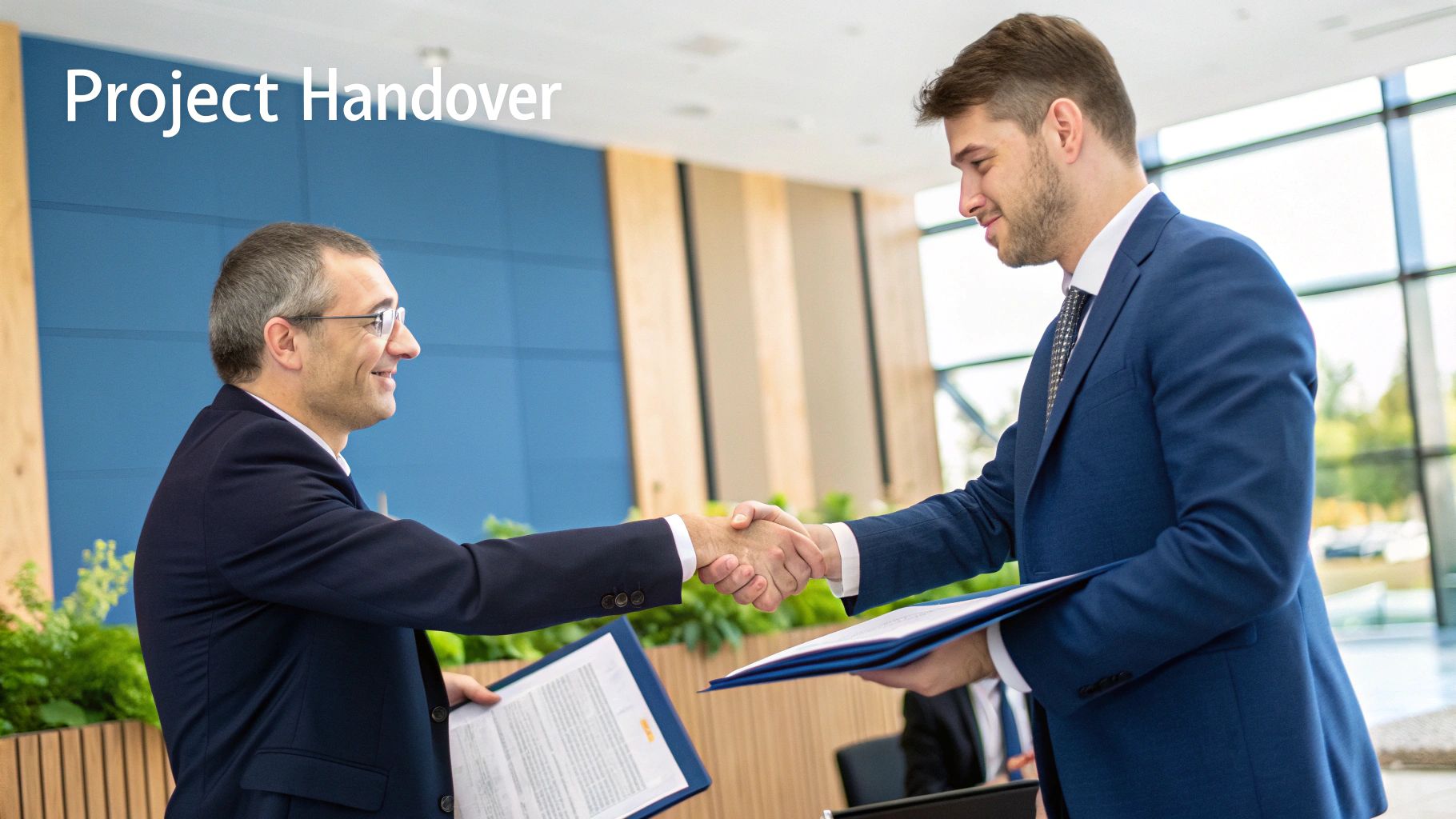 Two professional men smiling, shaking hands, and exchanging documents in an office setting.