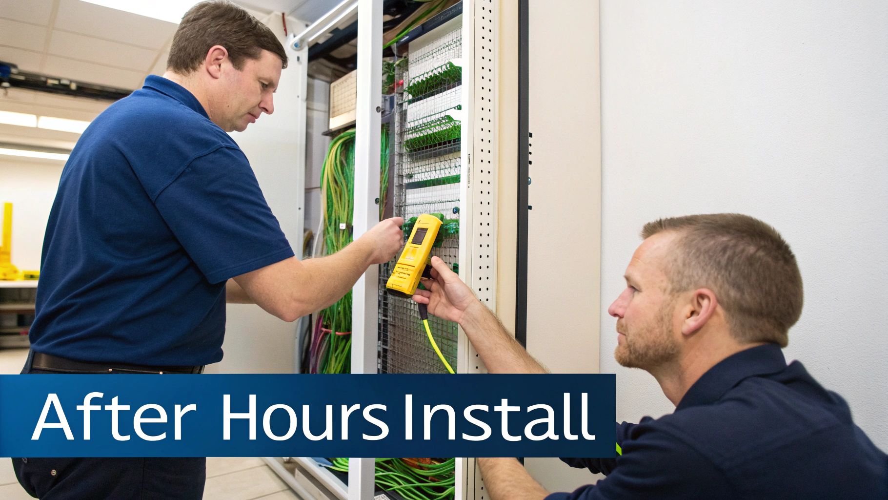 Two technicians performing an after-hours network install, connecting cables in server racks.