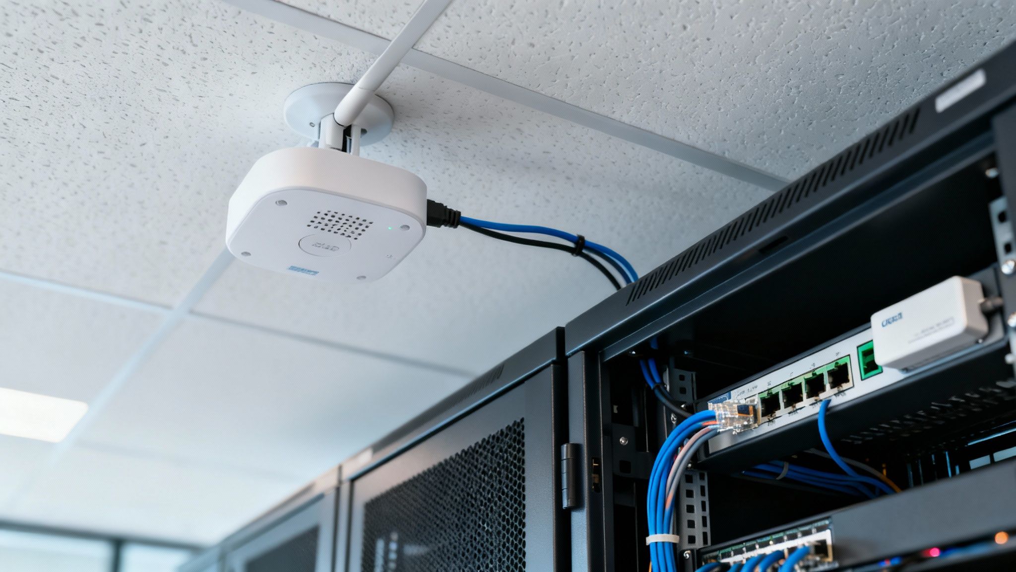 A white Ubiquiti access point mounted on the ceiling, connected to a server rack with network switches and cables.