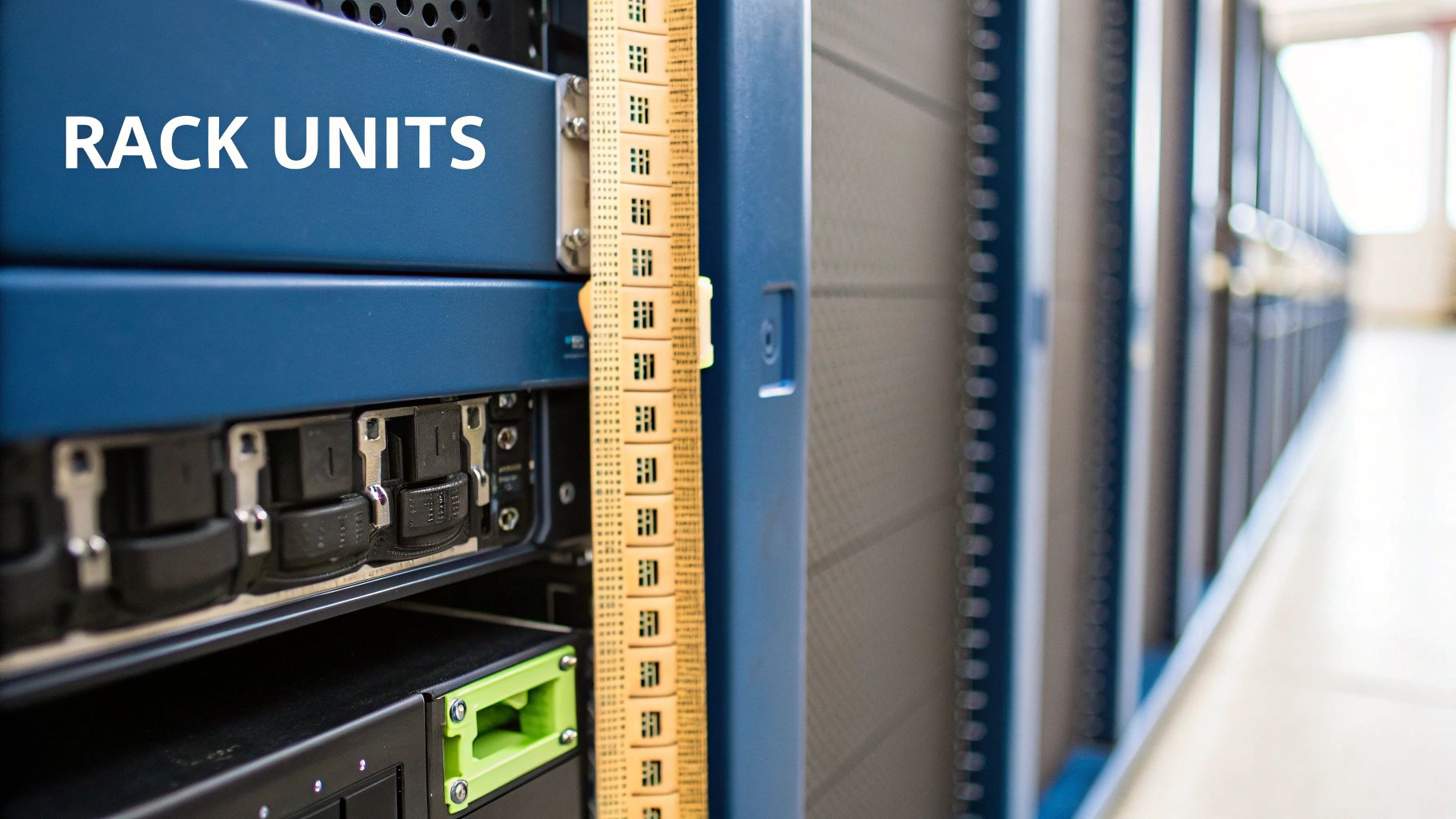 Close-up of a blue server rack unit with 'RACK UNITS' text and visible network ports in a data center.