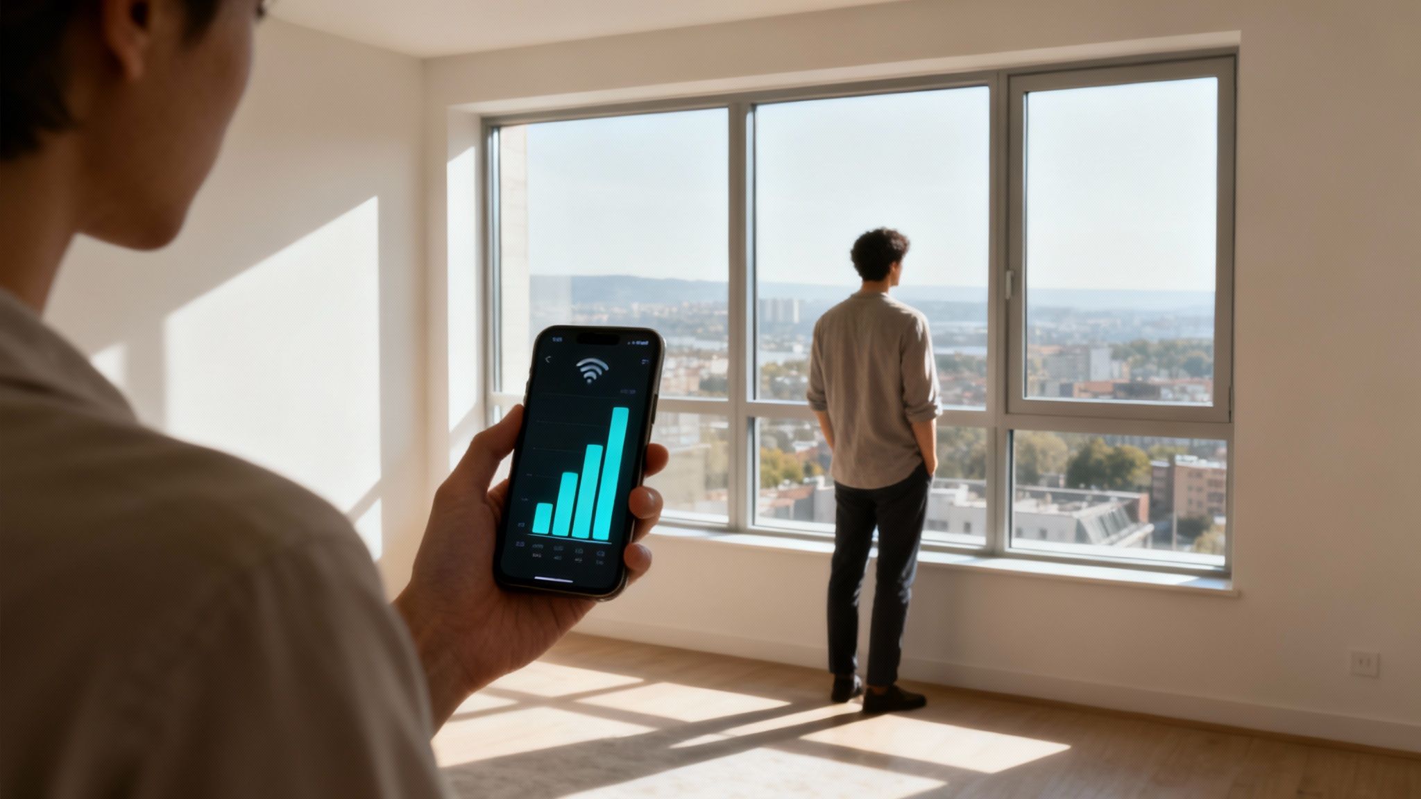 A person holding a smartphone near a window to get a better signal
