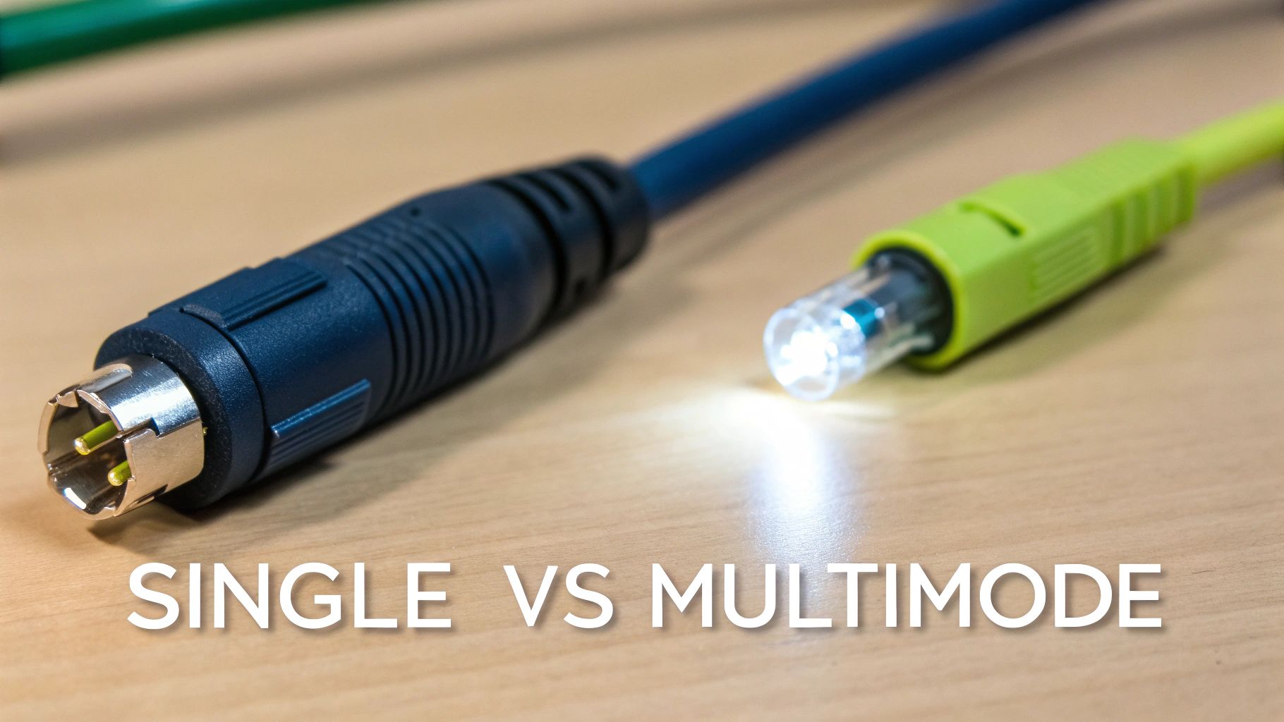 Close-up of fiber optic cable connectors, including a glowing green one, illustrating singlemode vs. multimode.
