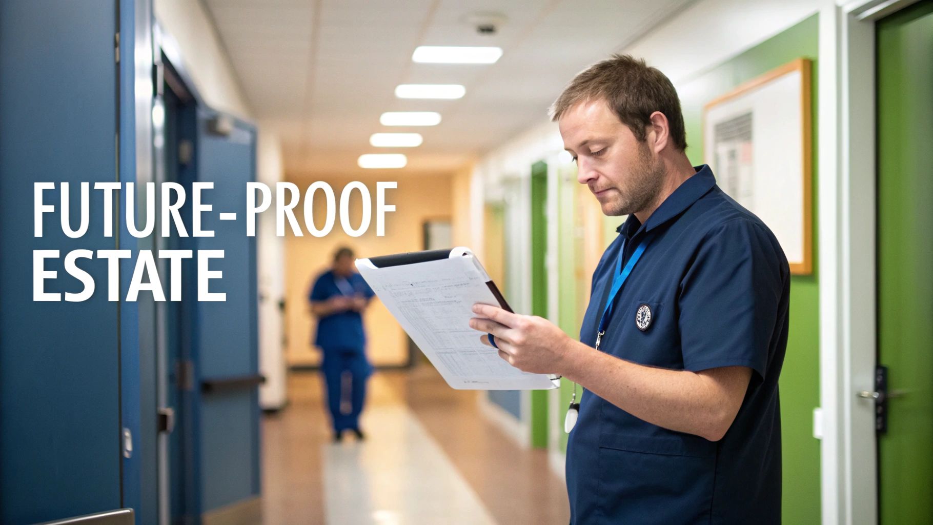 A male facilities manager in a hospital corridor reviews documents on a clipboard.