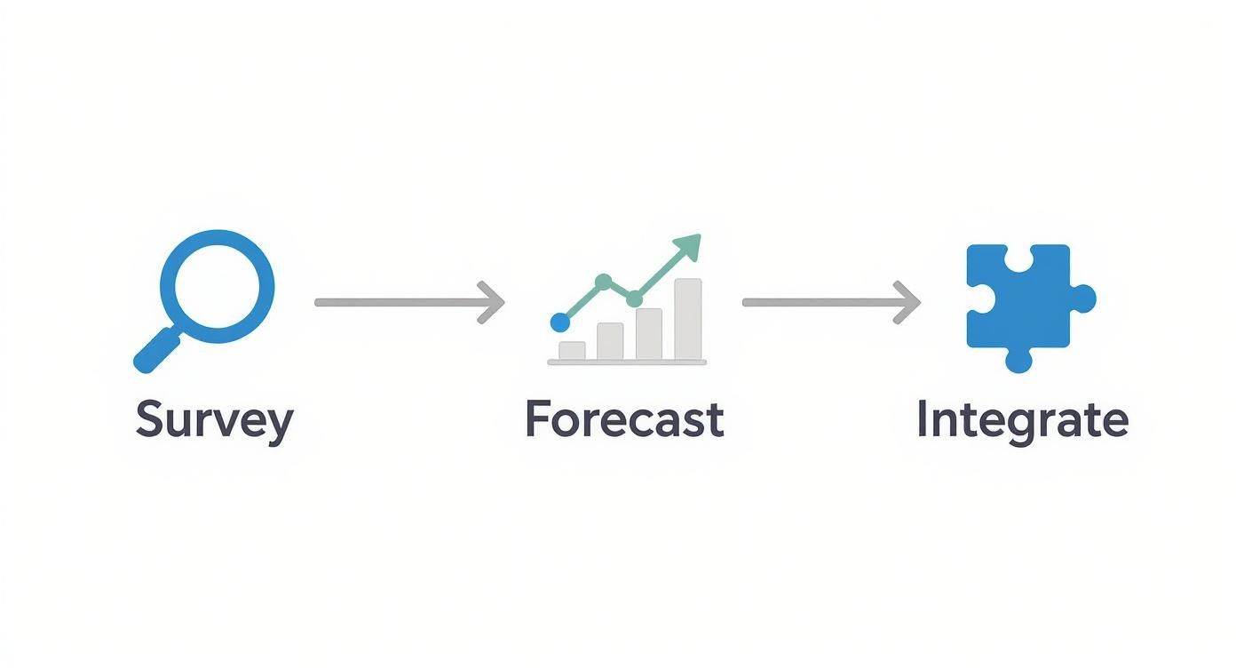 A visual process showing steps: Survey (magnifying glass), Forecast (chart), and Integrate (puzzle piece).