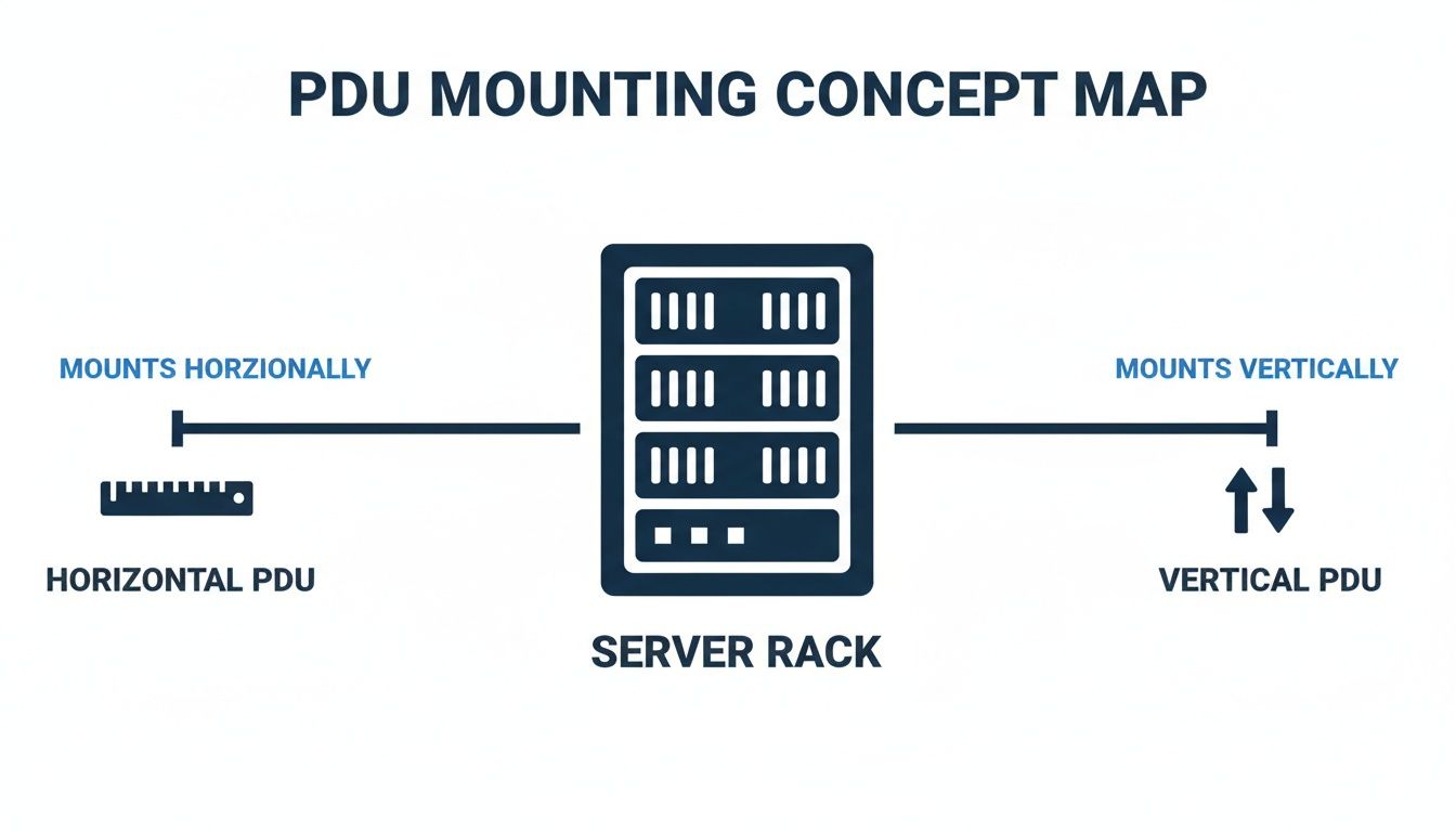 Concept map illustrating horizontal and vertical PDU mounting options within a server rack.