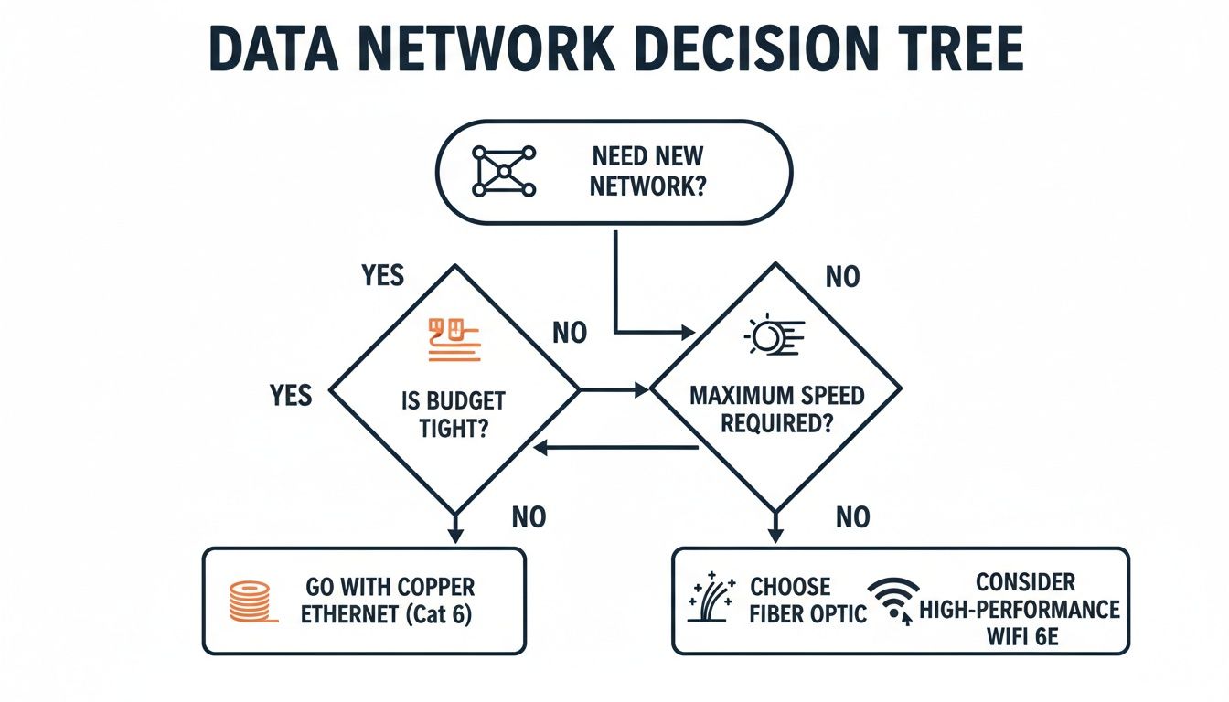 A data network decision tree flowchart guides choices between copper ethernet, fiber optic, or Wi-Fi 6E based on budget and speed.
