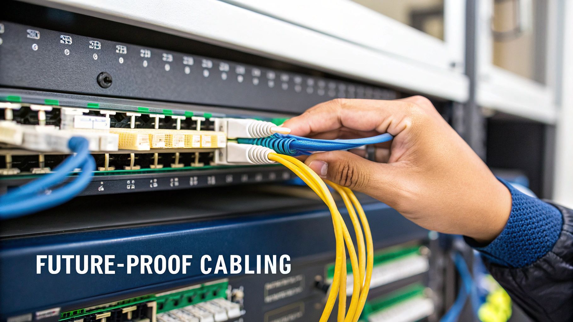 A person's hand plugging blue and yellow fiber optic cables into a network server rack, highlighting future-proof cabling.