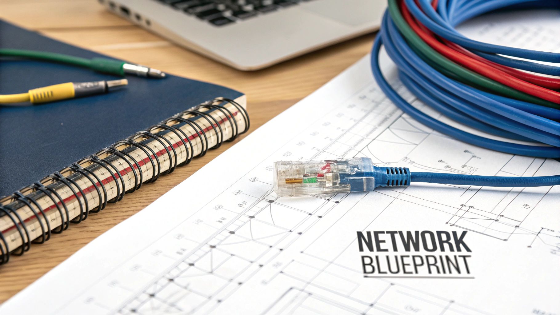 Close-up of a network blueprint, RJ45 connector, and coiled Ethernet cables on a wooden desk.