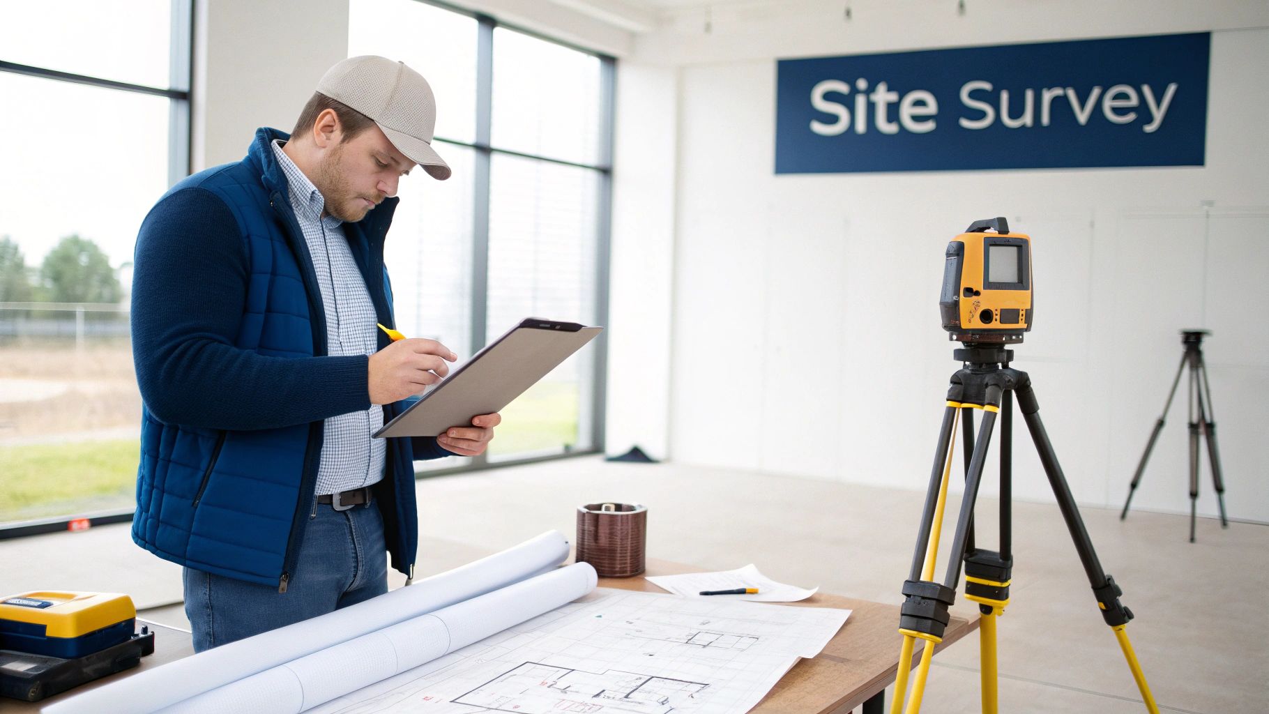 Construction worker reviews a clipboard with site plans, surveying equipment, and a 'Site Survey' sign.