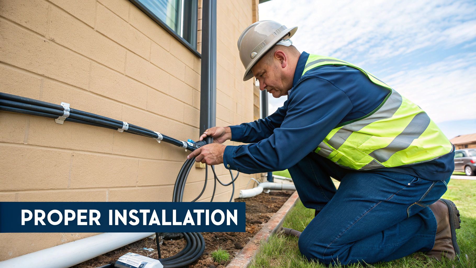 A technician in a hard hat and safety vest properly installs external cables on a building.