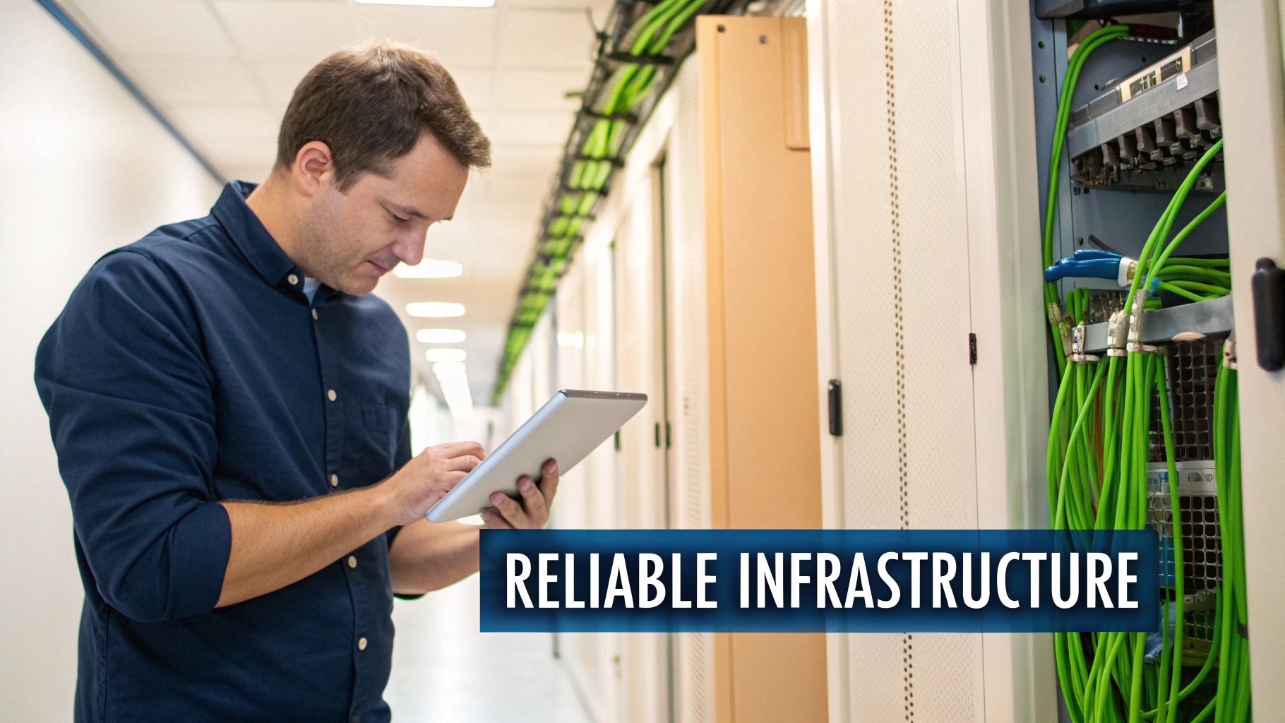 A man in a data center, using a tablet to inspect server racks and green network cabling.